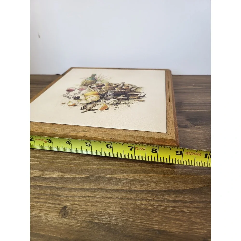 Vintage Wood Framed Ceramic Tile Trivet Wine Mushrooms 9x9 Made in USA